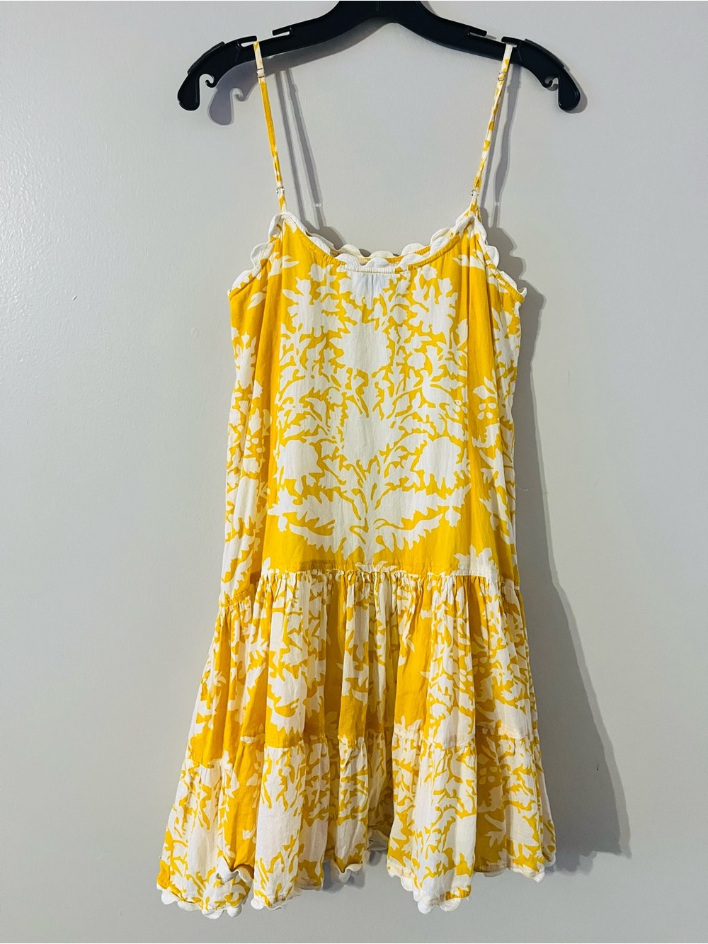 Juliet Dunn London Yellow Floral Block Print Scalloped Strappy Mini Dress Sz 2